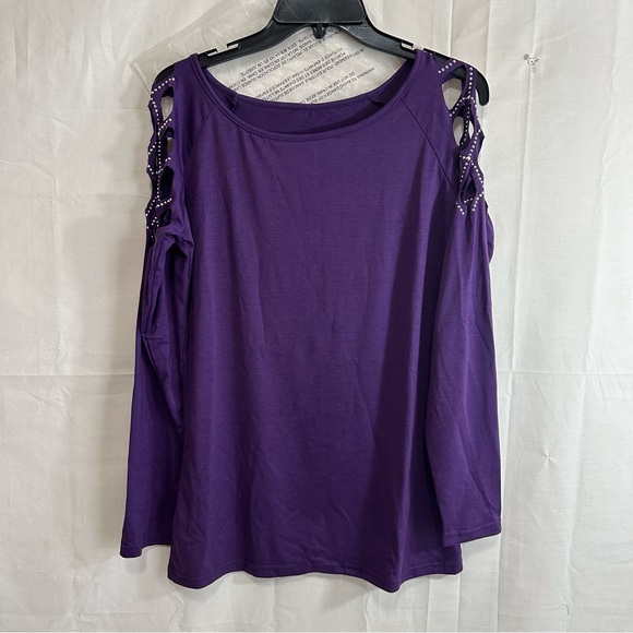 Women's Sexy Off Shoulder Hollow Out Long Sleeve W/Rhinestones T-Shirt Purple M - Picture 1 of 9